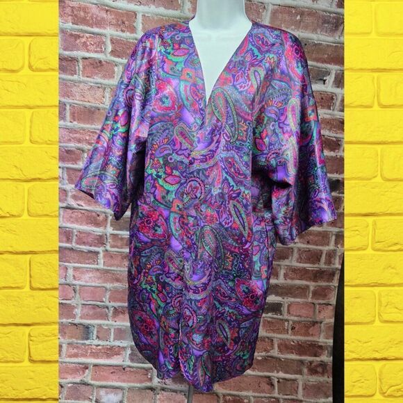 California Miss Vintage 80s Paisley Dress – Women’s Size Large – Purple – V-Neck - Picture 1 of 5